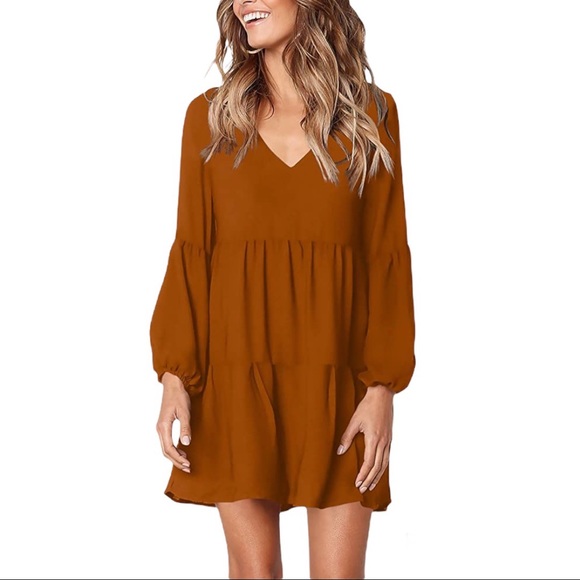 Tunic Dress V Neck Casual Loose Flowy Swing Shift Dresses Orange Caramel - Picture 1 of 12